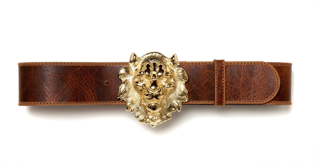 Wide brown belt with lion's head buckle on white background