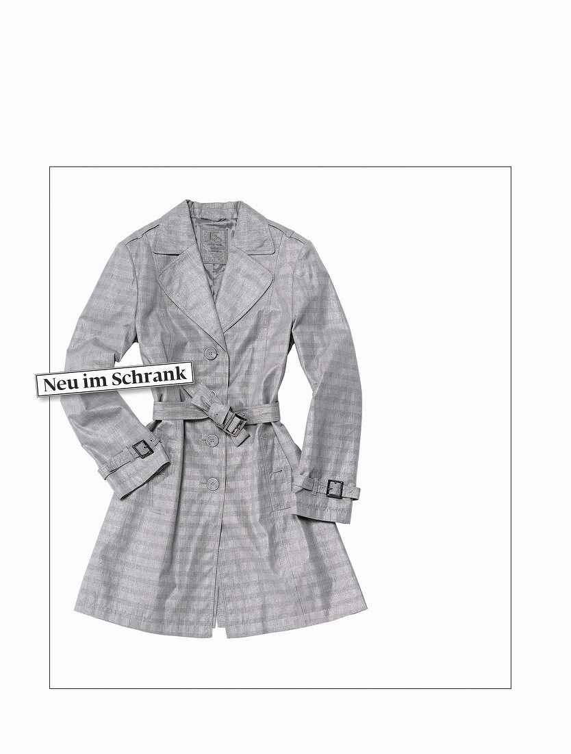 Plaid gray trench coat on white background