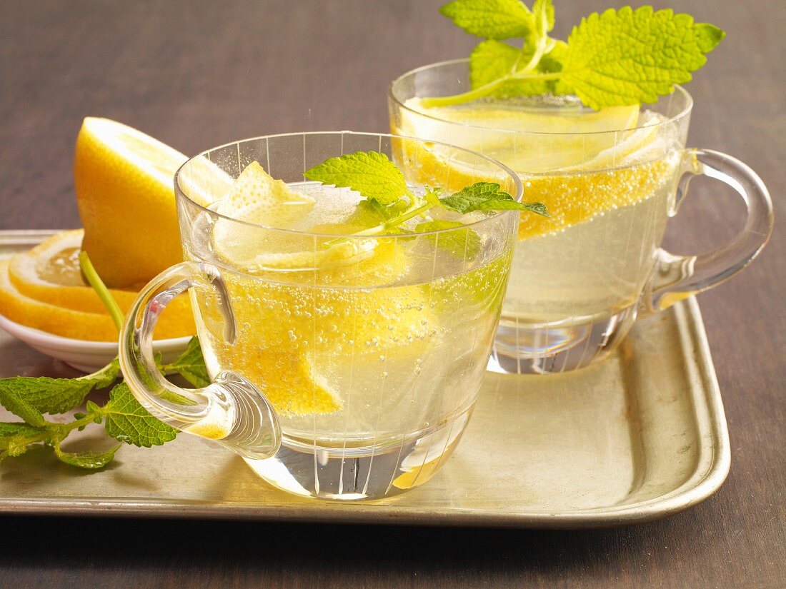 Zwei Gläser Kalte Ente mit Zitrone und Minze