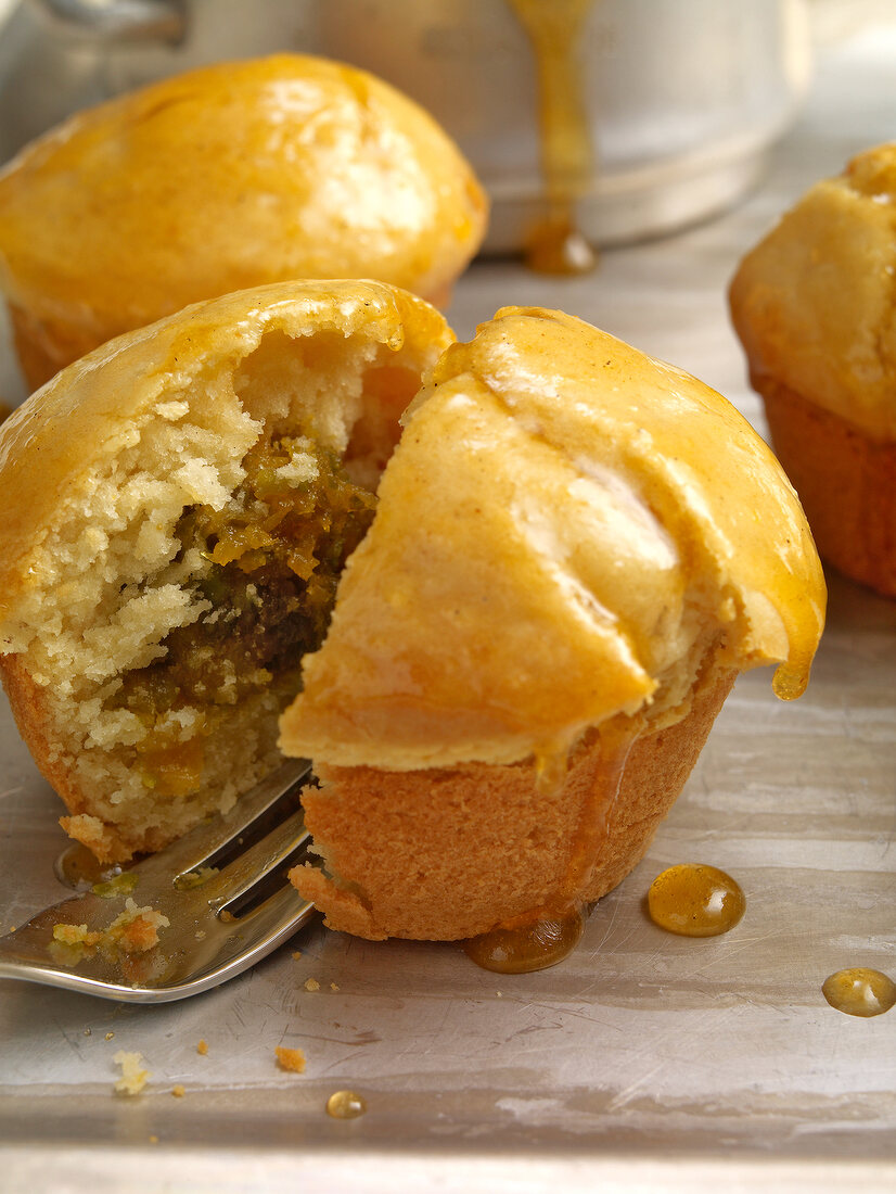 Close-up of orient muffins with apricot, pistachio and honey