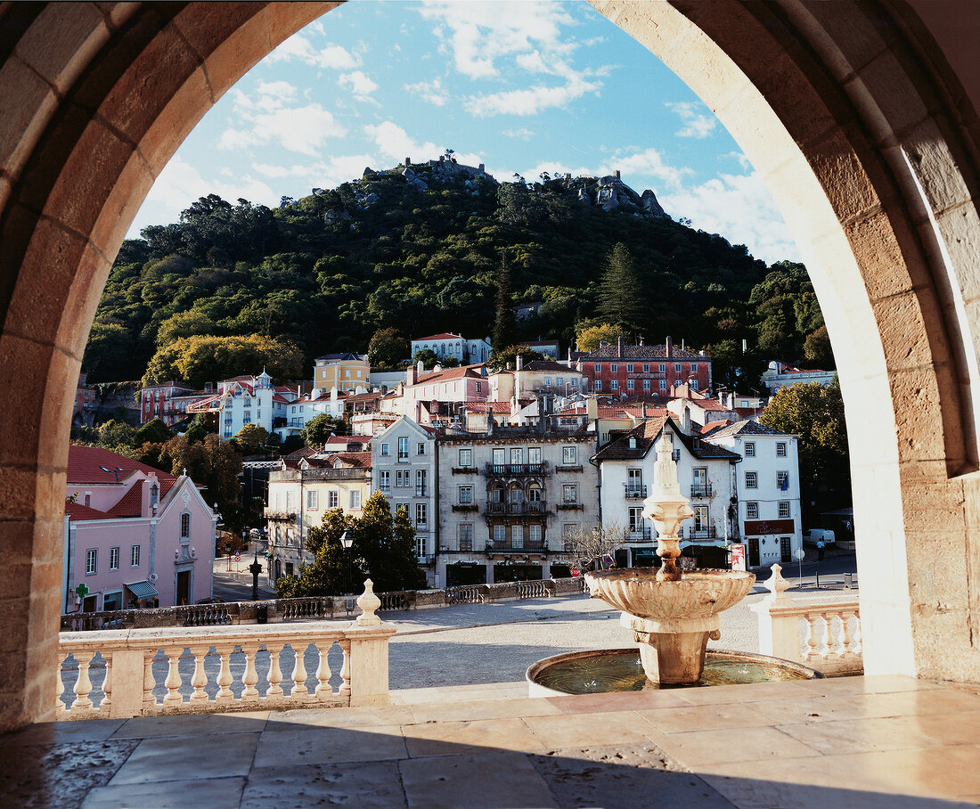 View of hillside town from entrance with arcades in Sintra, Lisbon, Portugal