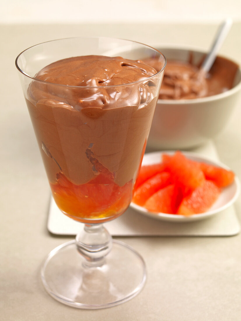 Glass of chocolate mousse with grapefruit 