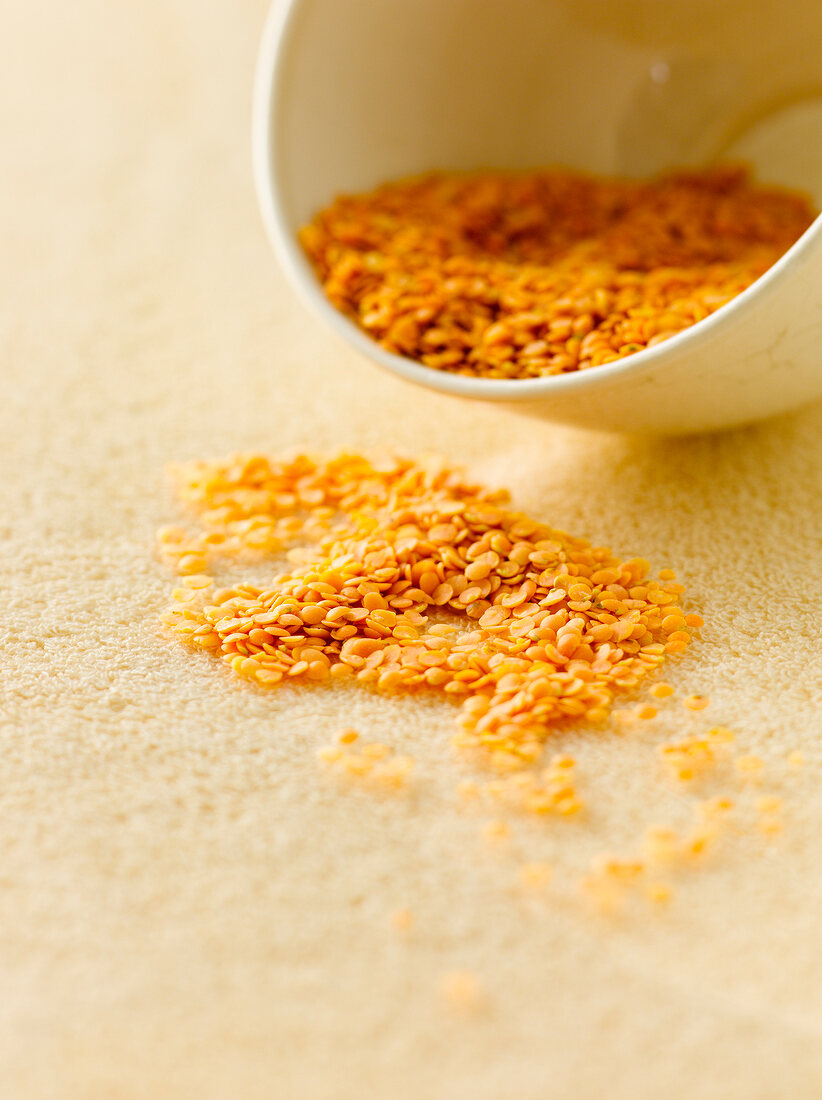 Close-up of red lentils in bowl