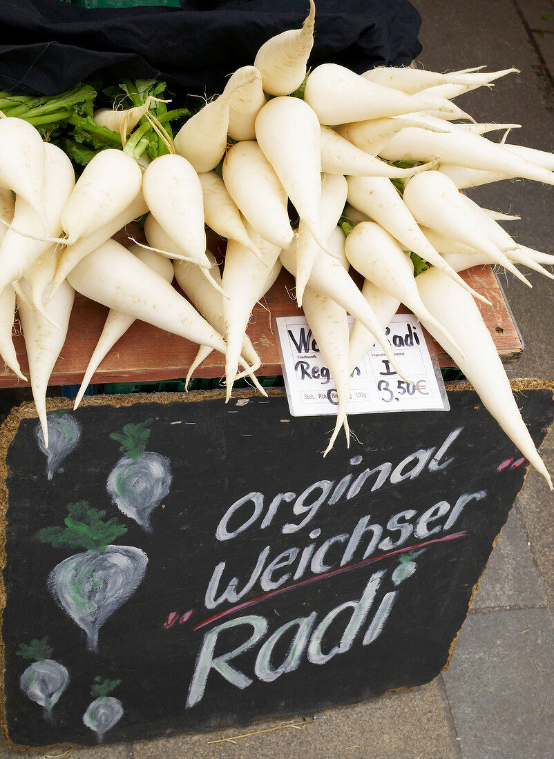 Fresh weichser radish on display at market stand