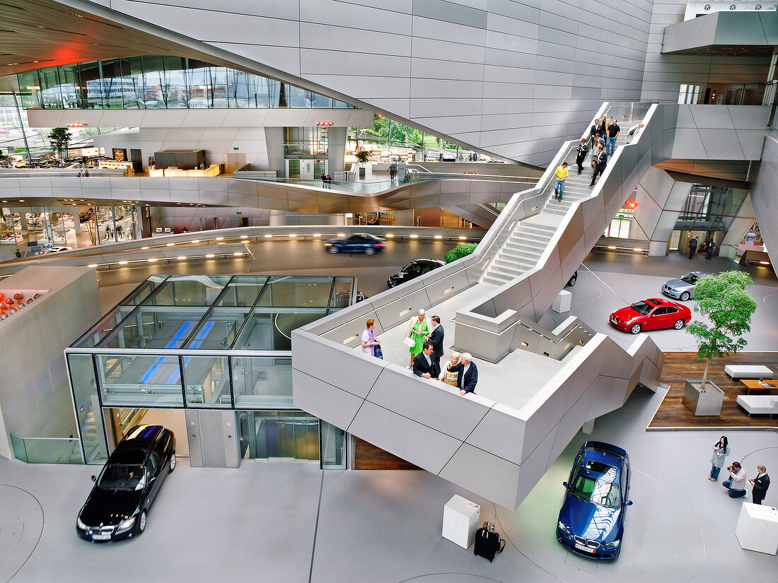 Elevated view of BMW Welt in transfer hall for new cars, Munich, Germany