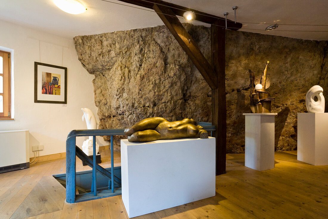 Limestone walls and rock sculptures in gallery, Kallmunz, Regensburg, Bavaria, Germany