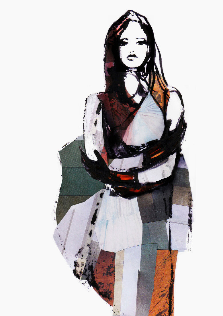 Illustration of fashionable woman wearing coat against white background