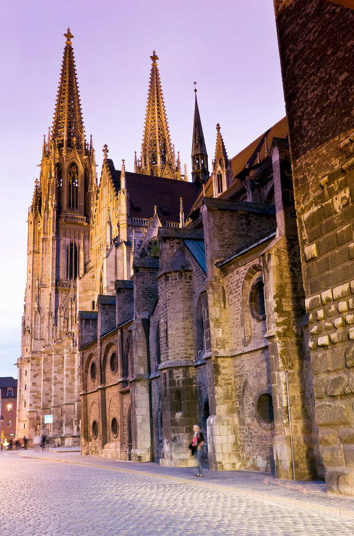 Exterior of Regensburg Cathedral at dusk, Regensburg, Bavaria, Germany