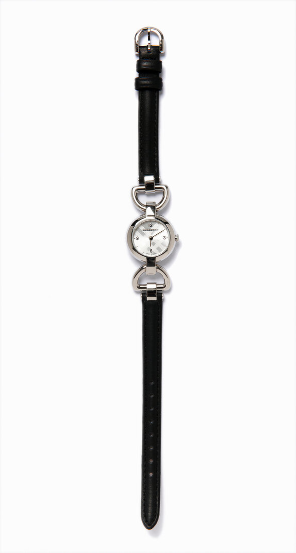 Silver bracelet wrist watch with black leather belt on white background