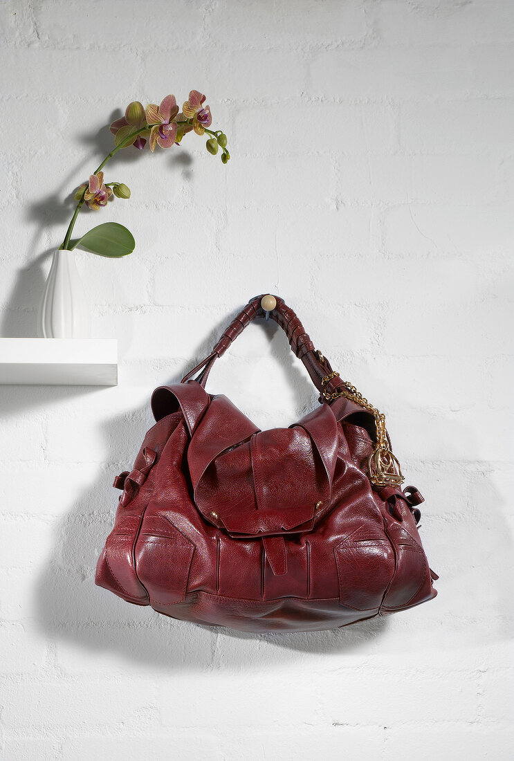 Brown leather handbag on wall