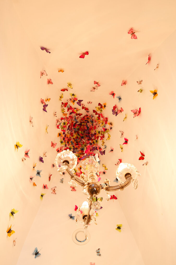 Chandelier with butterflies on ceiling of Mielcke & Hurtigkarl hotel, Copenhagen, Denmark