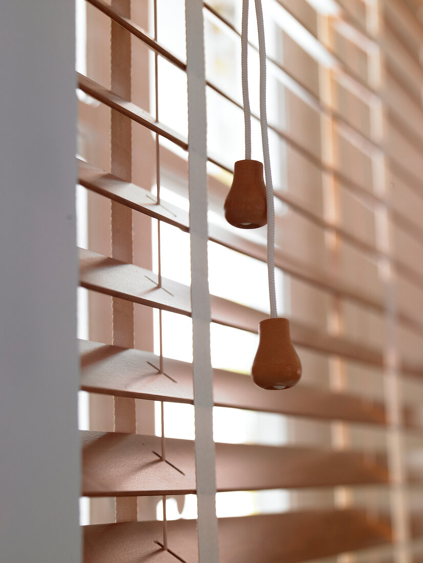 Close-up of pull cords on wooden blinds
