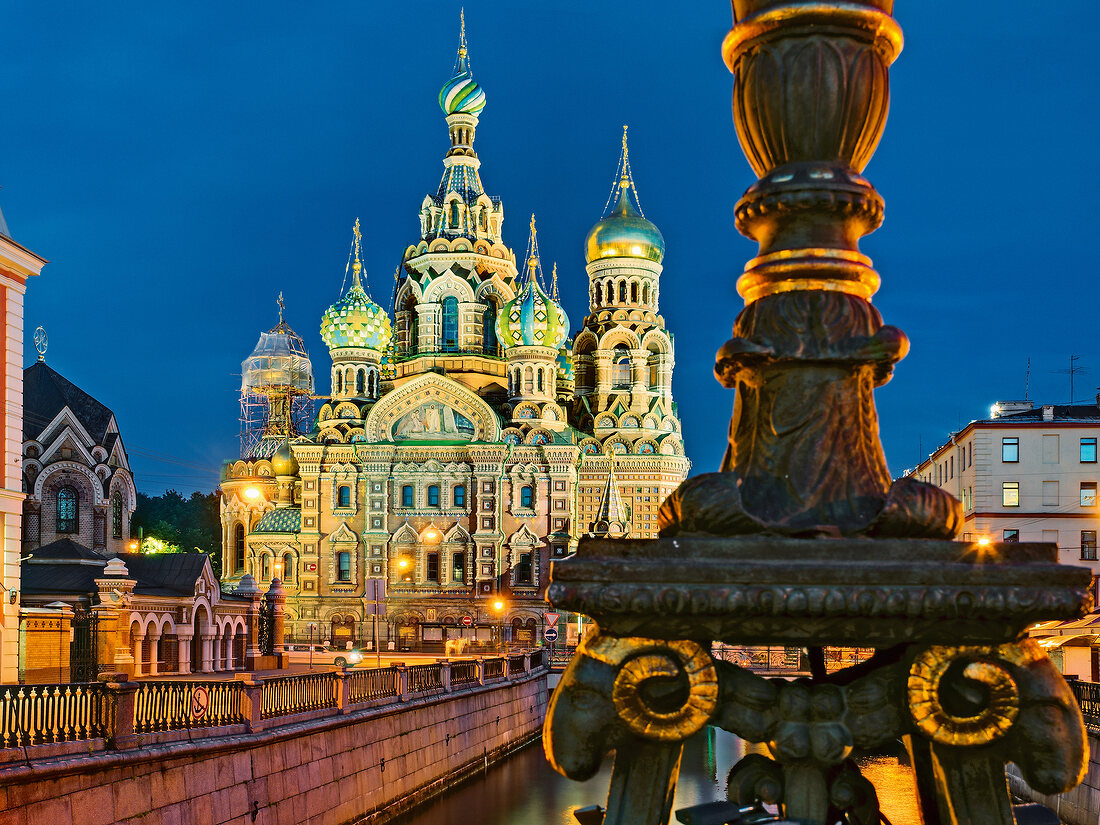 Illuminated church of Christ's Resurrection at night in Saint Petersburg, Russia