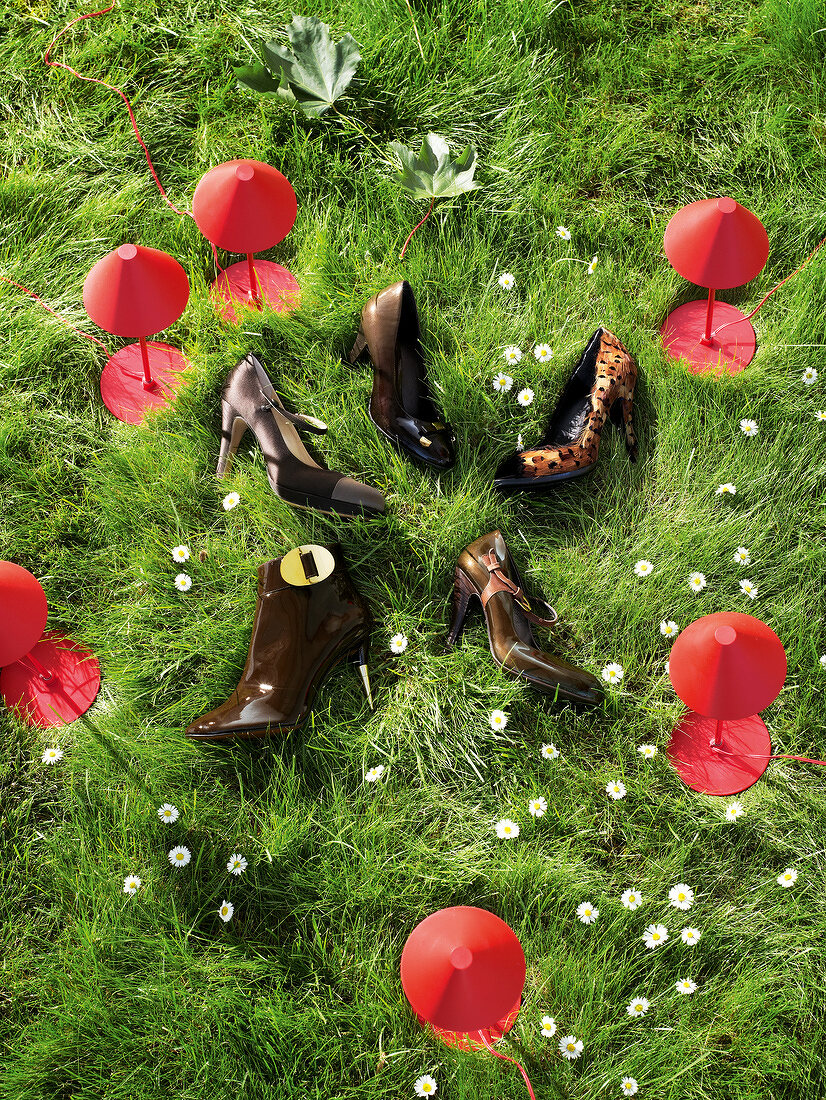 Various brown stilettos in meadow