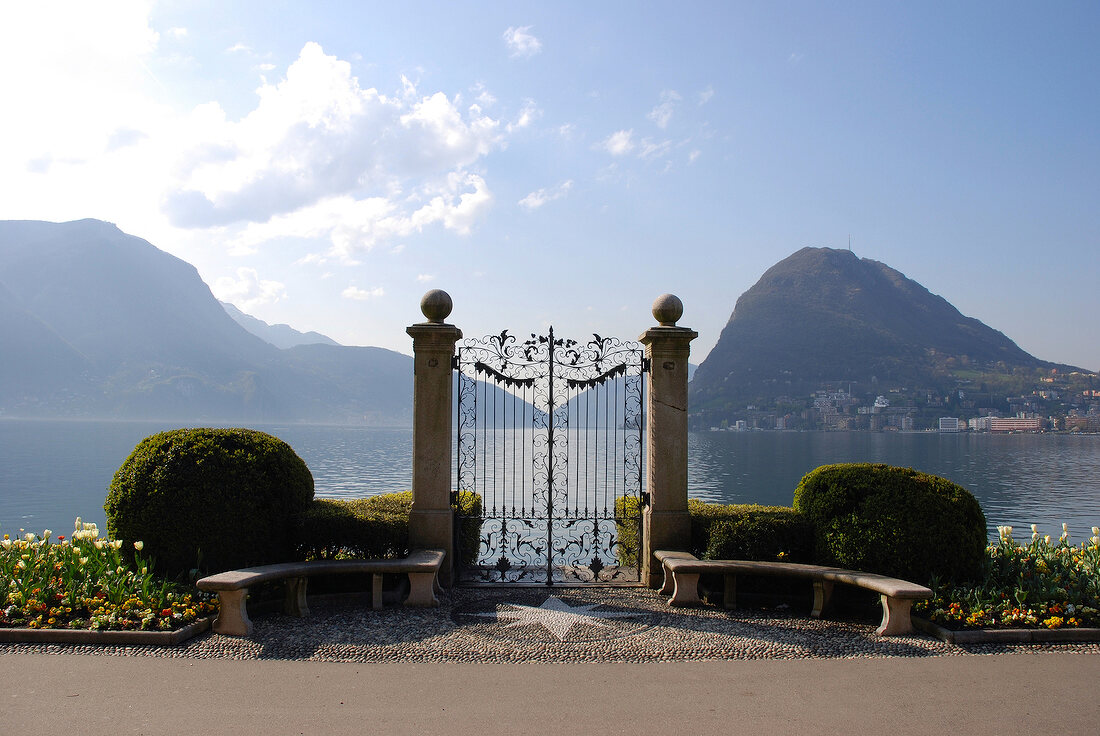 View of lake and mountains in Lugano, Ticino, Switzerland