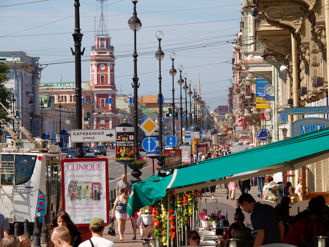 View of vehicles on busy Nevsky Prospect street in St. Petersburg, Russia