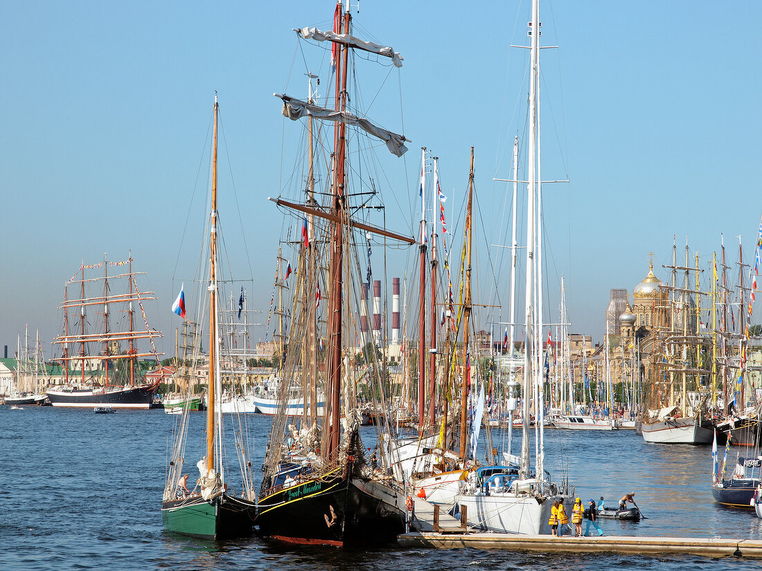 View of sailboats in Neva River, St. Petersburg, Russia