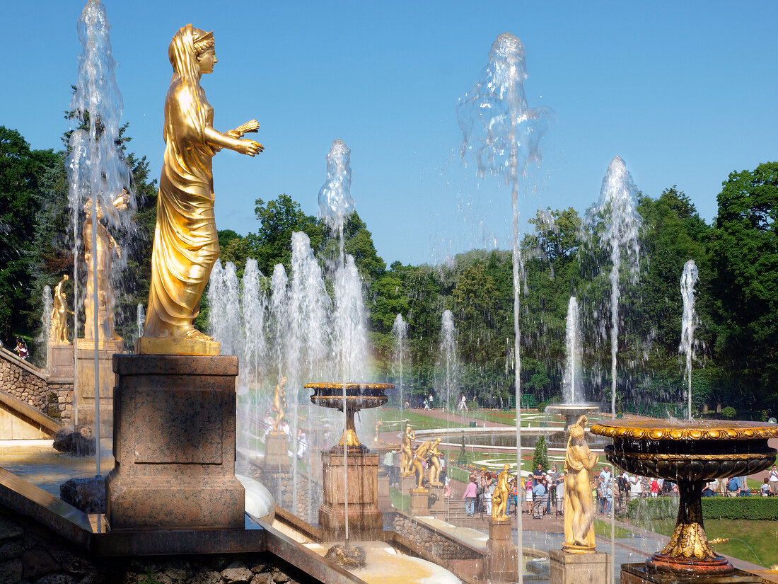 View of Peterhof Grand Cascade fountain with bronze sculptures in St. petersburg, Russia