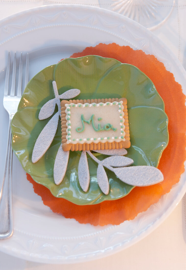 Close-up of butter cookies on plate as place card