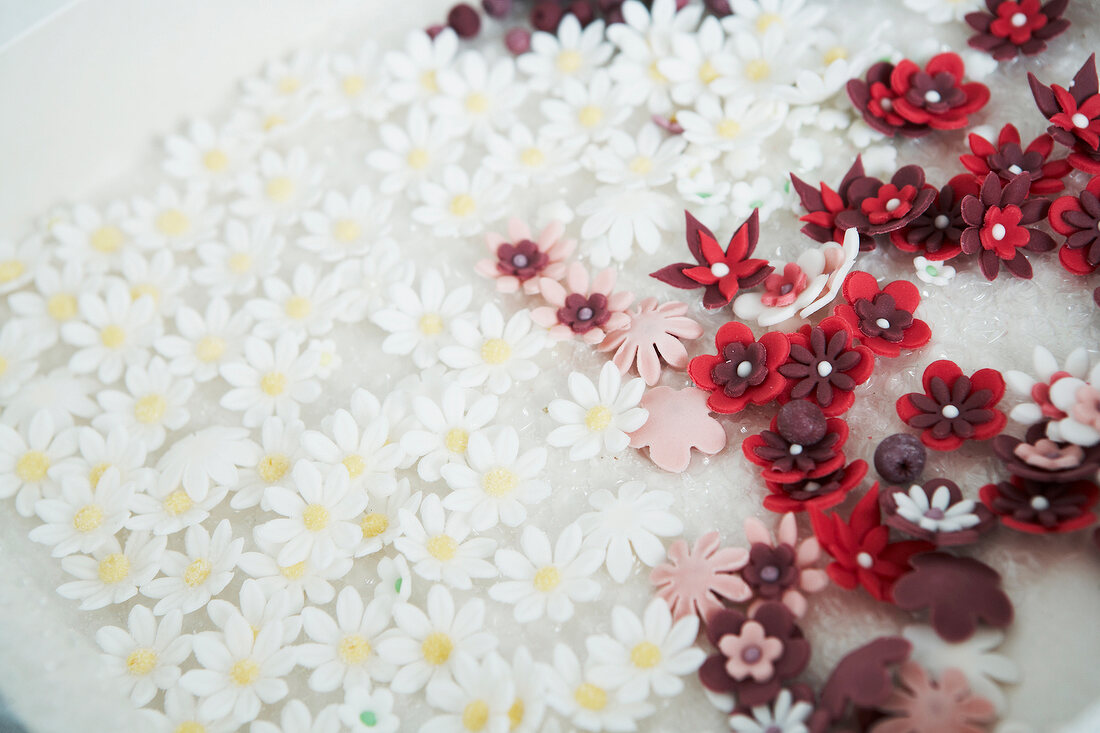 Red, pink and white flowers made of sugar