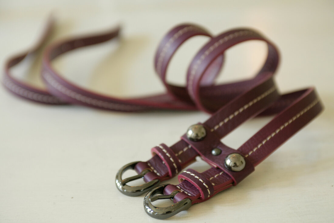 Close-up of two purple leather belts on white background
