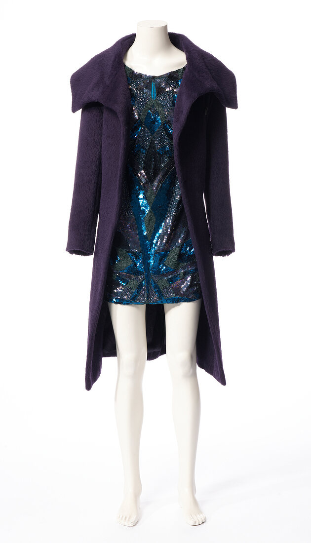Purple jacket with sequins dress on white background