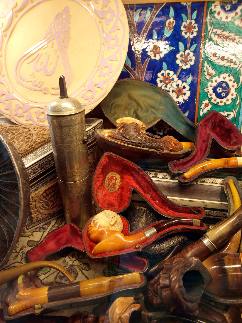 Close-up of different meerschaum pipes with cover at Grand Bazaar in Istanbul, Turkey
