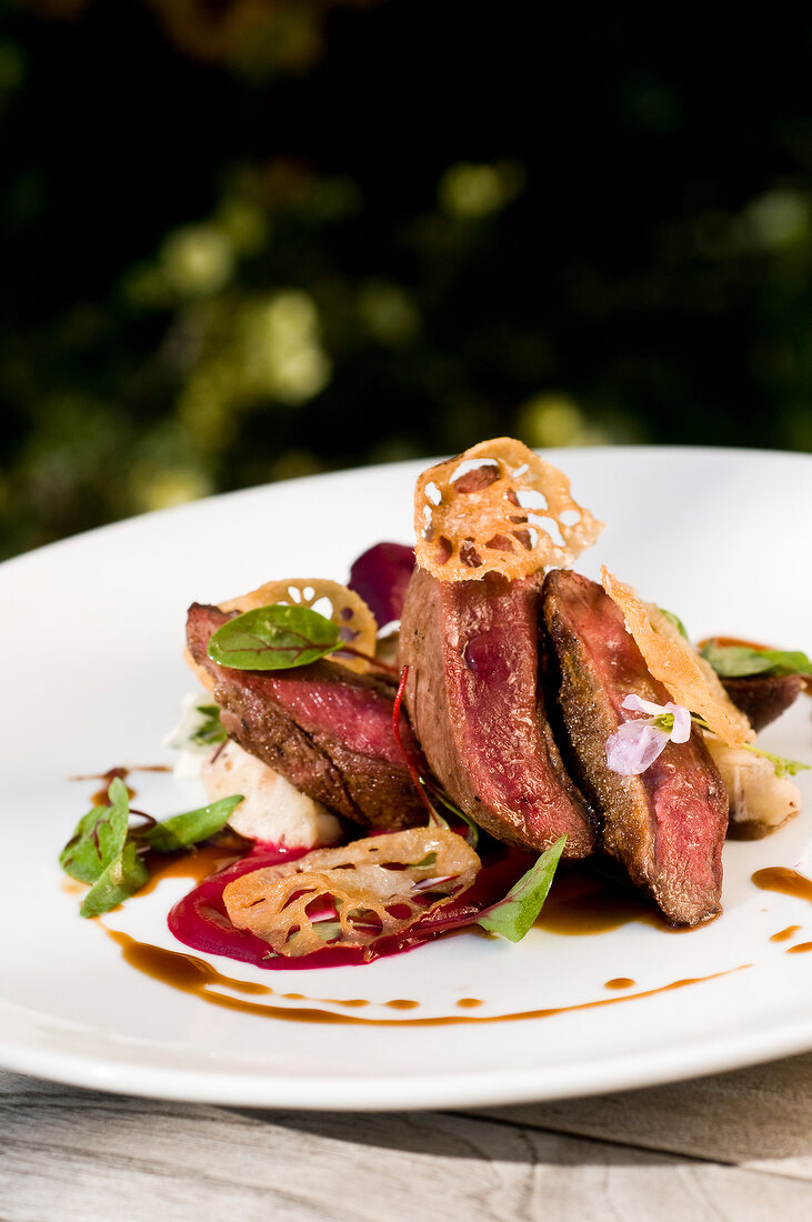 Close-up of smoked pigeon with stockfish puree and tamarind on plate