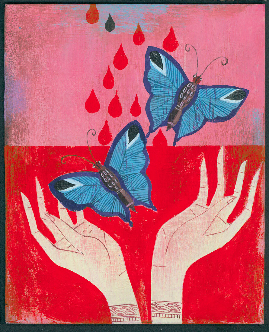 Illustration of woman's hands and blue butterflies symbolizing the zodiac sign Gemini