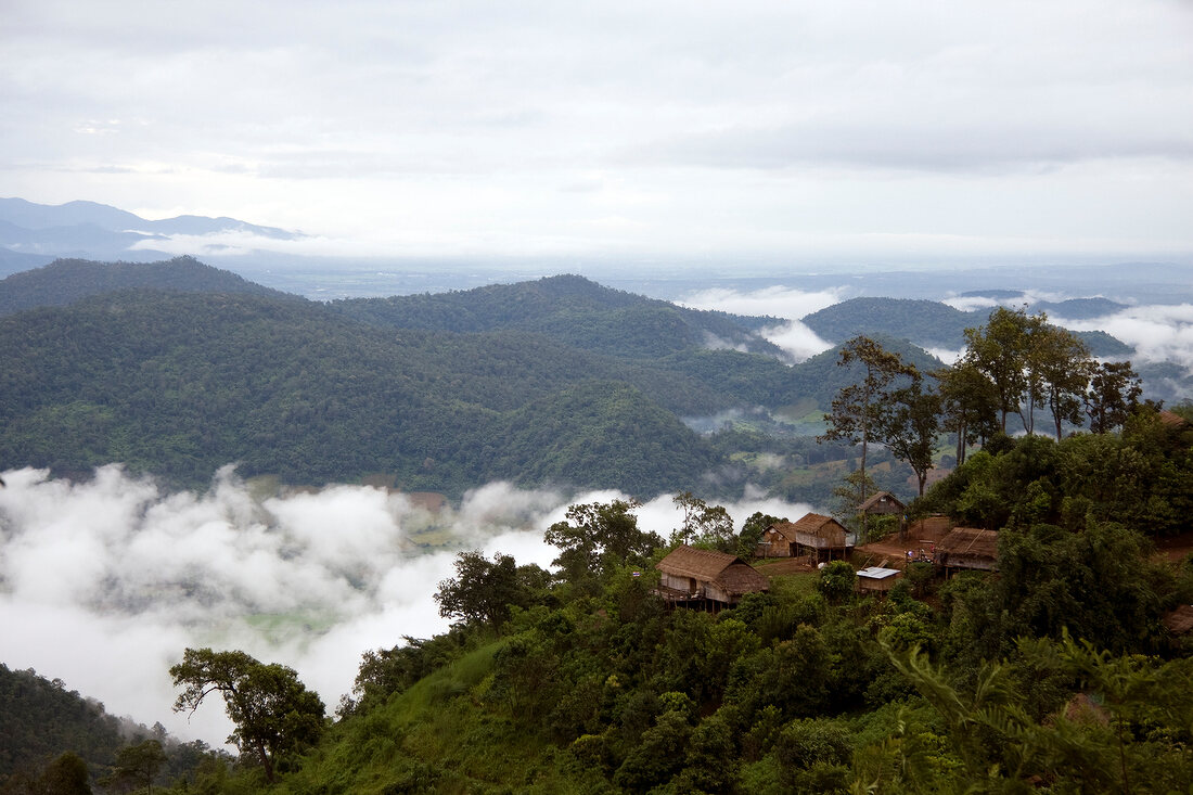 View of mountain landscape and forest village with fog, Huei Kut Chap, Udonthani, Thailand