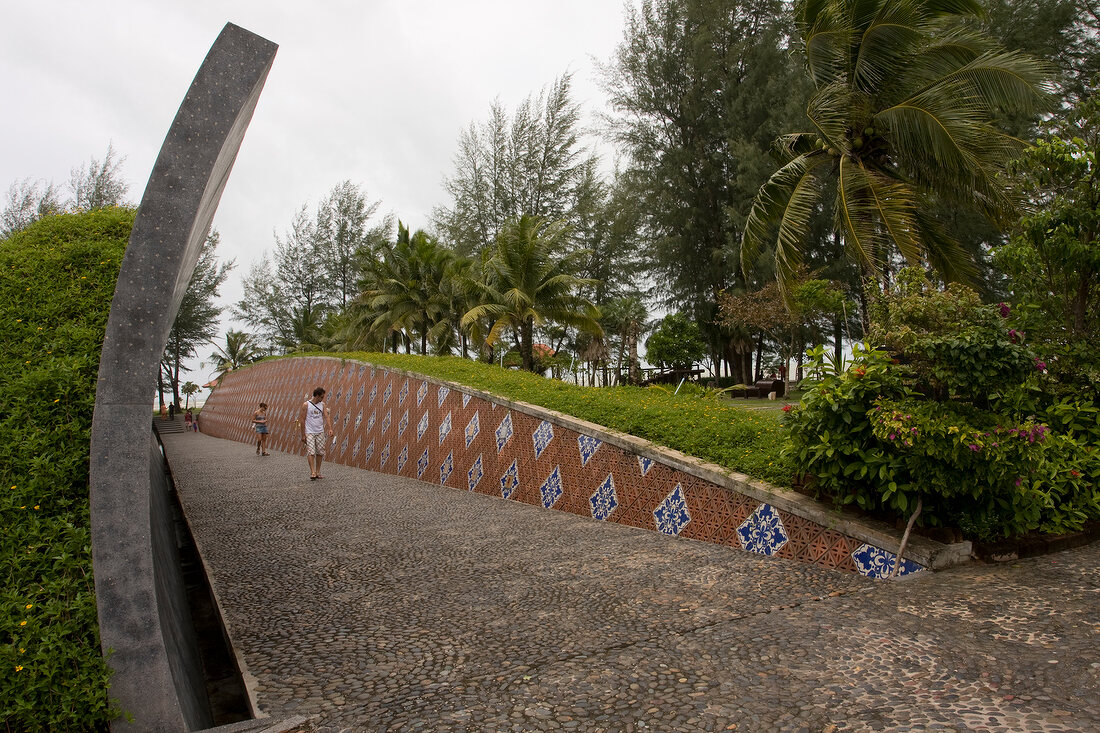 View of stone shaft memorial in village at Ban Nam Khem, Thailand
