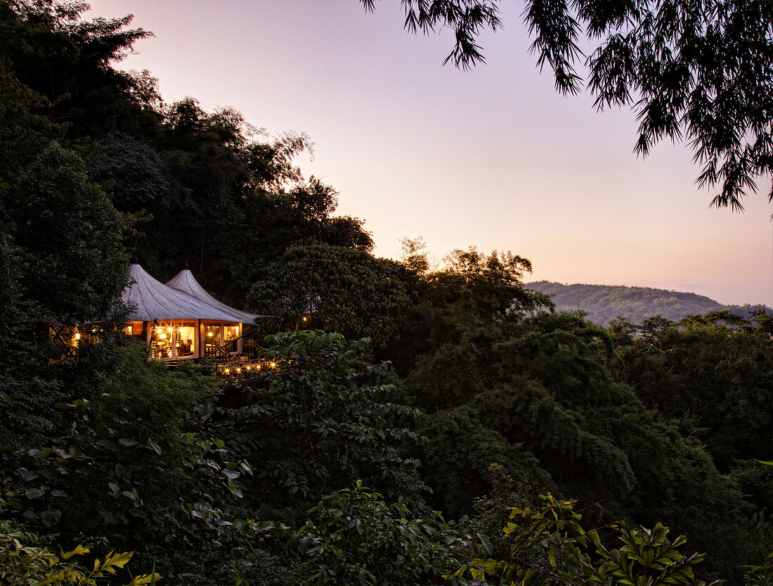 View of illuminated Chiang Saen Luxury Hotel and rainforest at dusk, Thailand
