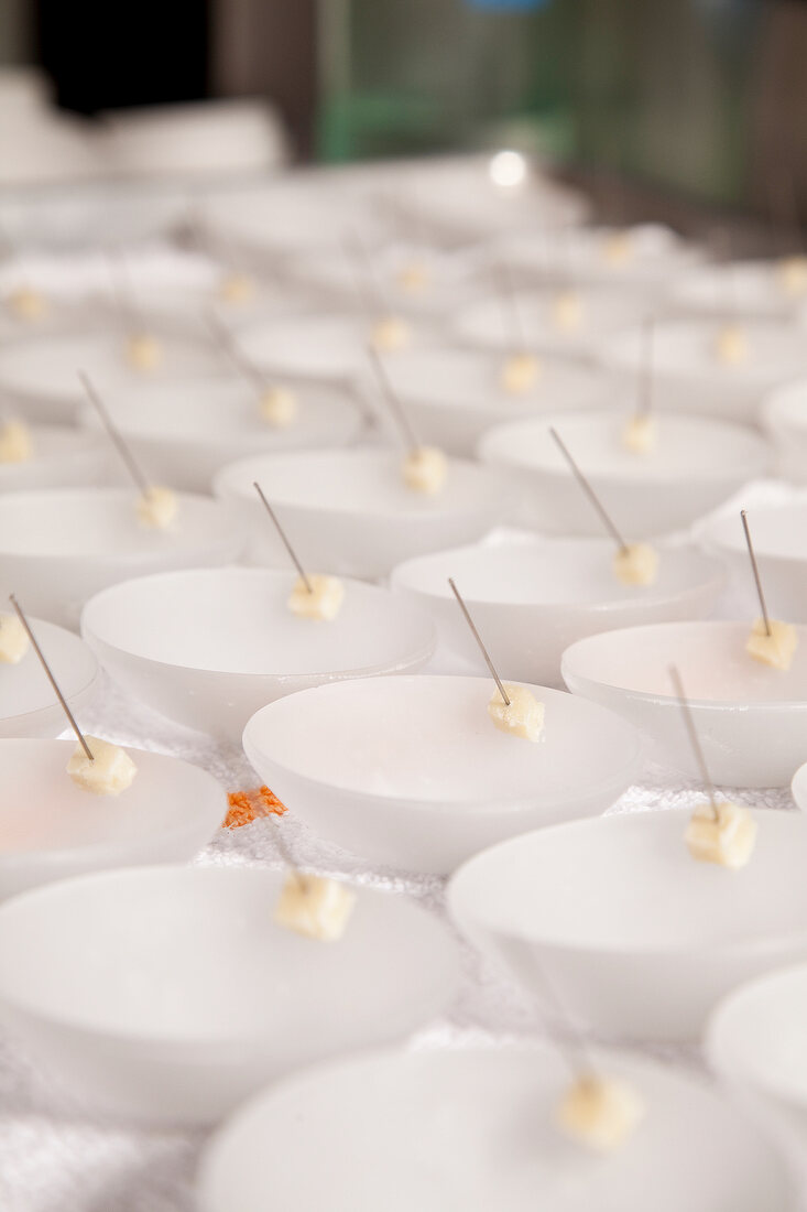 Close-up of cold potato soup in bowls