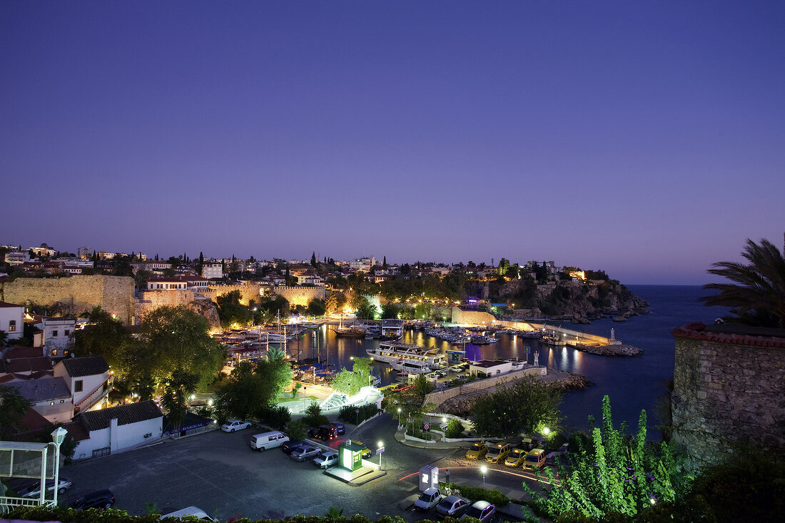 Elevated view of harbour and city at night in Antalya, Turkey