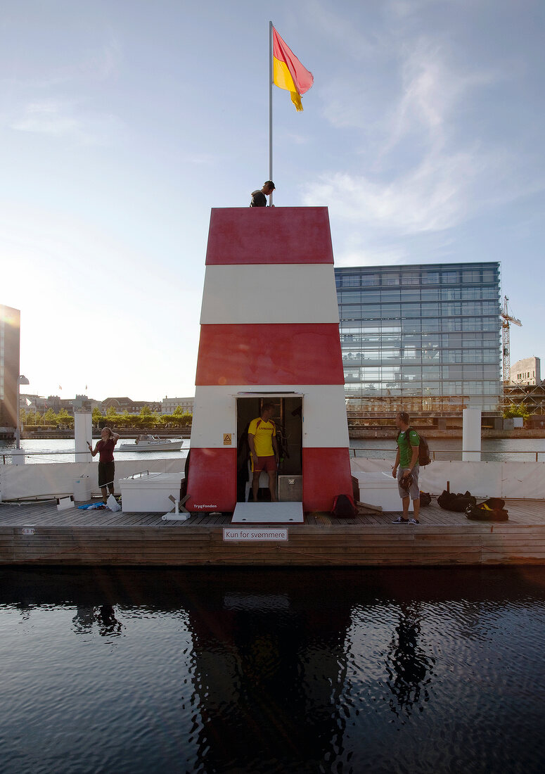 View of swimming pool with lifeguard house in Copenhagen, Denmark