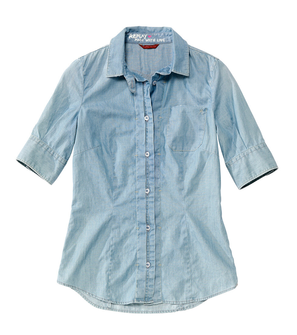 Denim shirt with pleated placket on white background