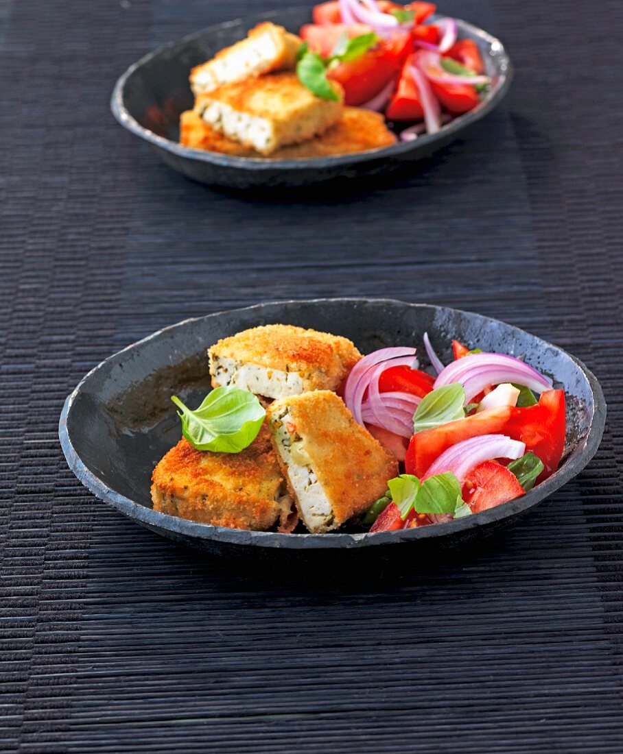 Breaded vegetable tofu with tomato salad