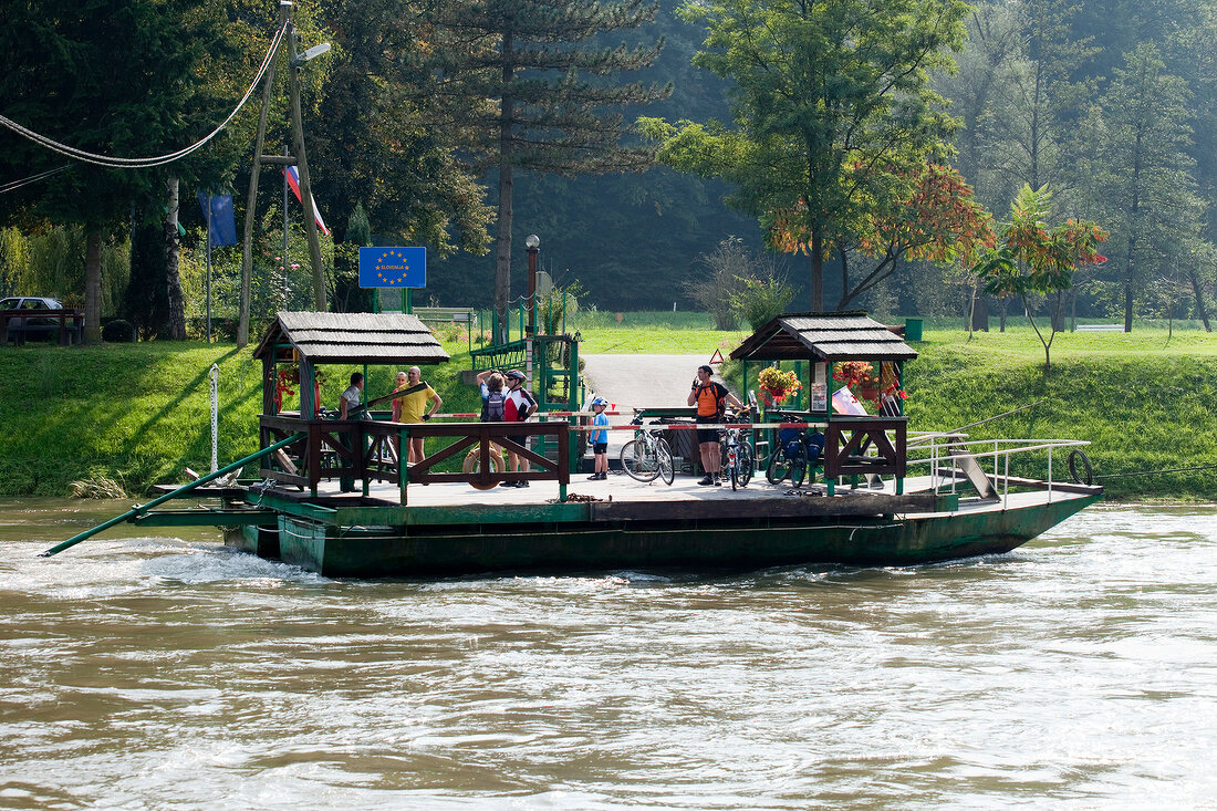 View of people on murfahre travelling between Weitersfeld and Sladki Vrh, Styria, Austria