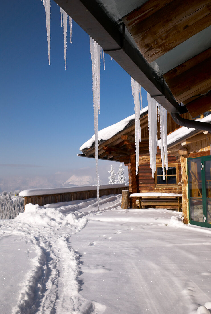 View of snow capped Chalet house in Planai, Schladming, Styria, Austria
