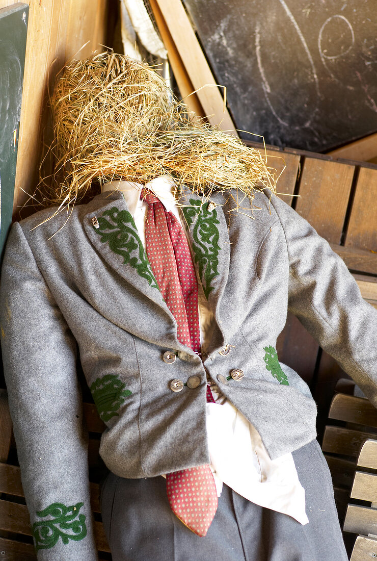 Close-up of scarecrow in gray outfit, Styria, Austria