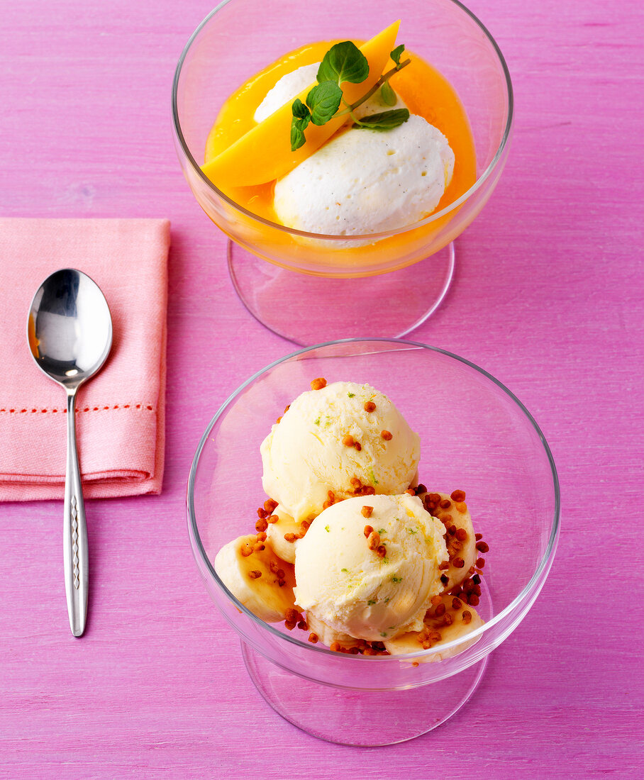 Soya mousse with mango sauce and bananas with tofu ice cream in glass bowls