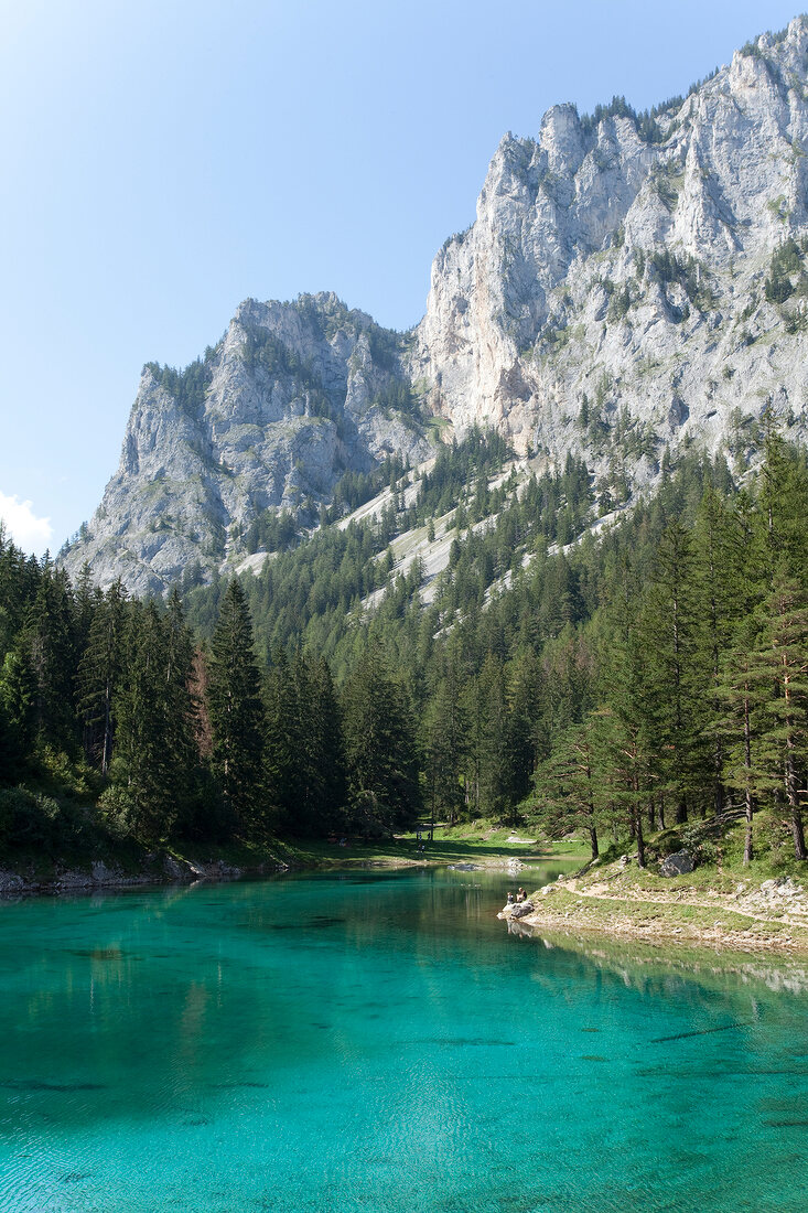 View of mountain Messnerin with green lake in Styria, Austria