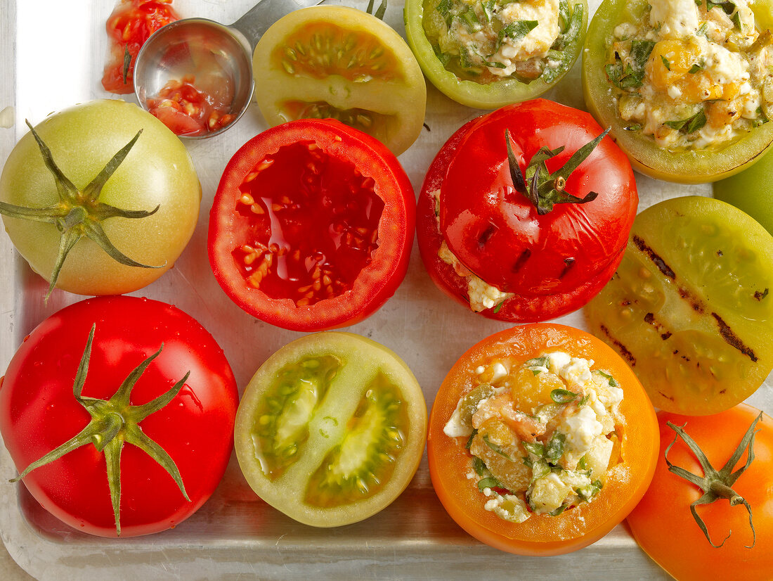 Close-up of variety of tomatoes with feta cheese filling