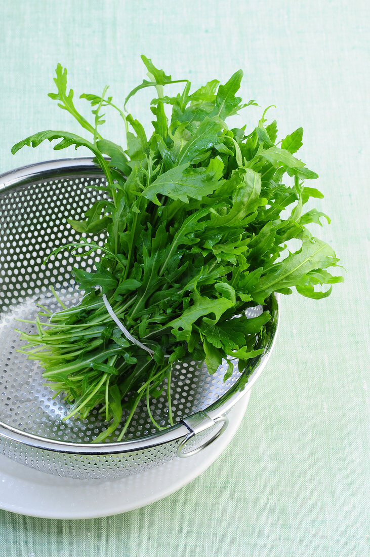 Close-up of arugula bunch in strainer