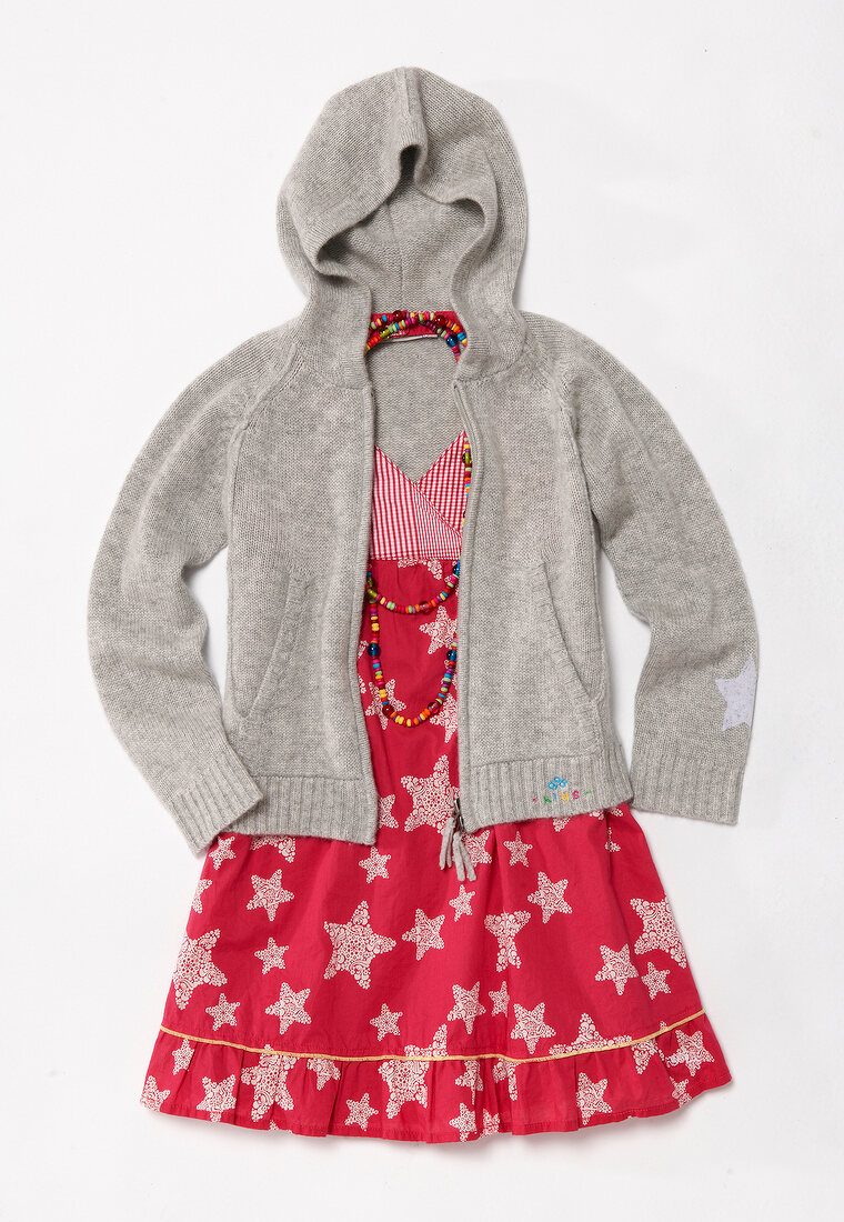 Pink dress with stars printed, gray hood and necklace