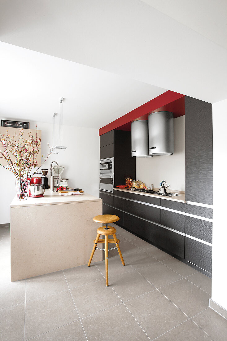 Interiors of red and white kitchen