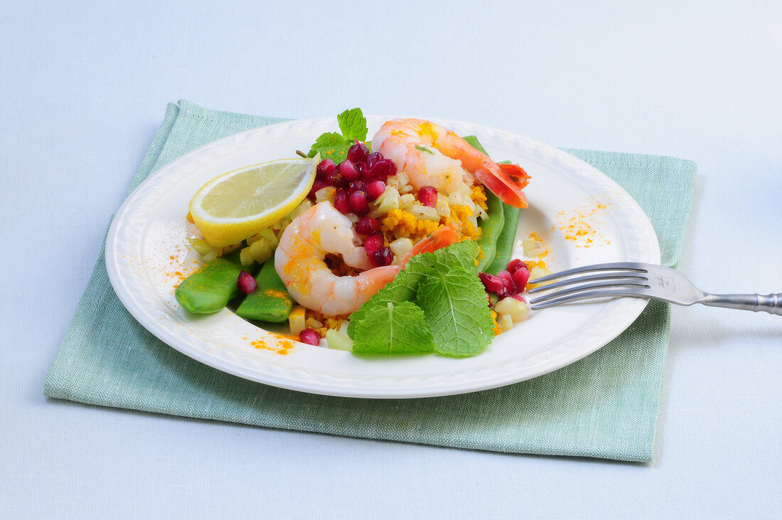 Bulgur salad with shrimps on plate