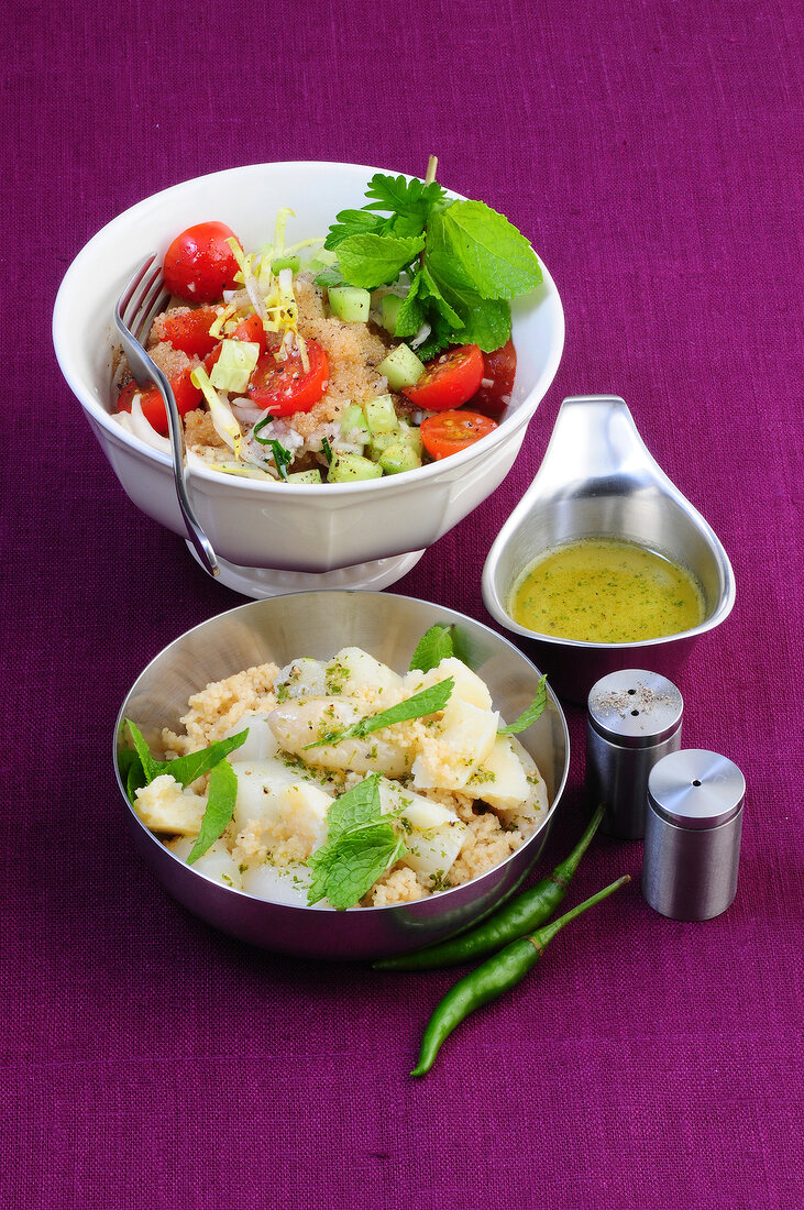 Salate, Amarant-Salat, Taboul é-Art, Couscous-Salat mit Spargel