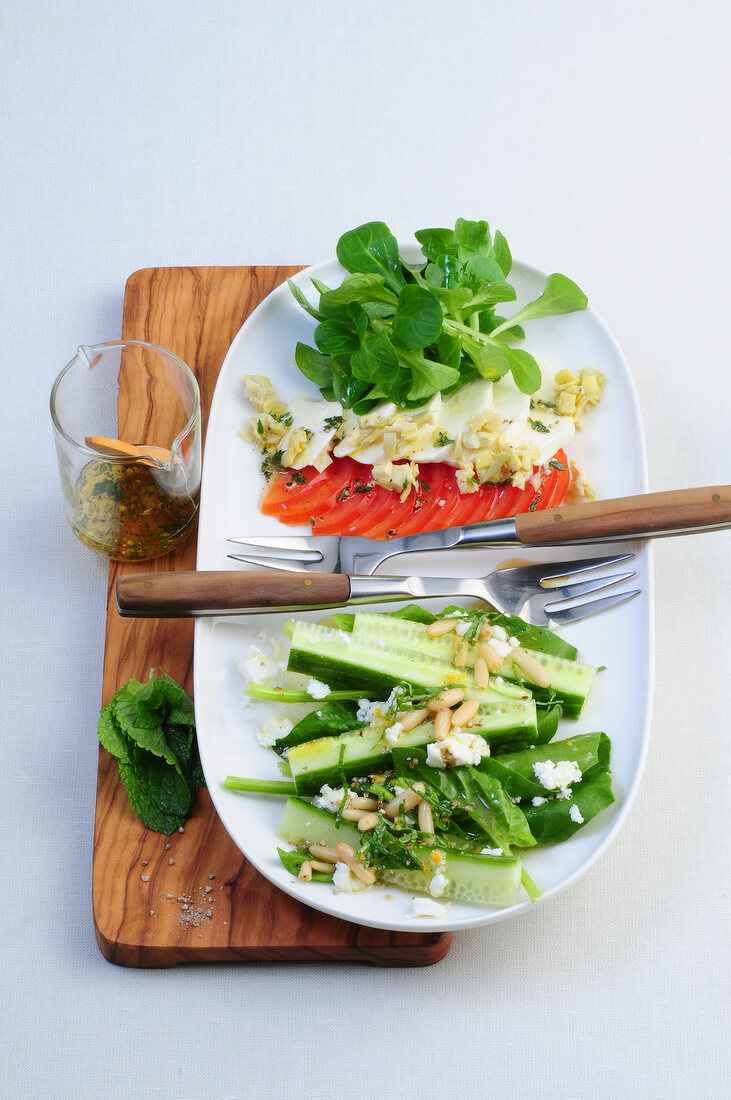 Corn salad with mozzarella, tomato, cucumber and spinach salad on plate