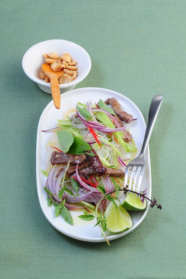 Glass noodle salad with beef, onions and Thai basil (Asia)